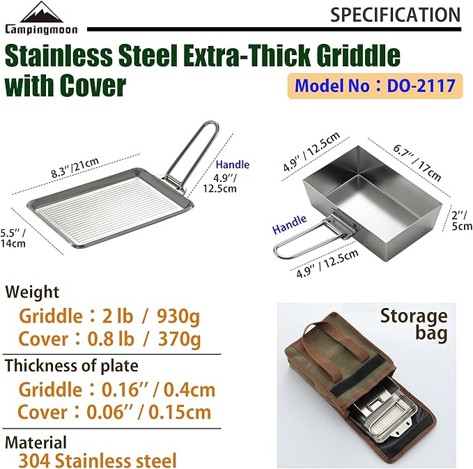 CAMPINGMOON Grill Griddle Plate for Camping Grilling 304 Stainless Steel DO-21,DO-2117 L 8.3'' x W 5.5'' x T 0.16'' Extra-thick with Removable Handle (Plate with Cover (DO-2117))