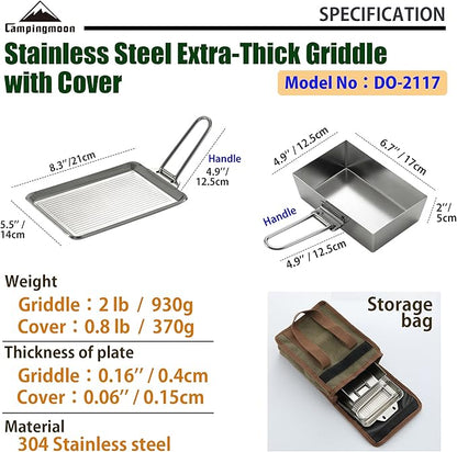 CAMPINGMOON Grill Griddle Plate for Camping Grilling 304 Stainless Steel DO-21,DO-2117 L 8.3'' x W 5.5'' x T 0.16'' Extra-thick with Removable Handle (Plate with Cover (DO-2117))