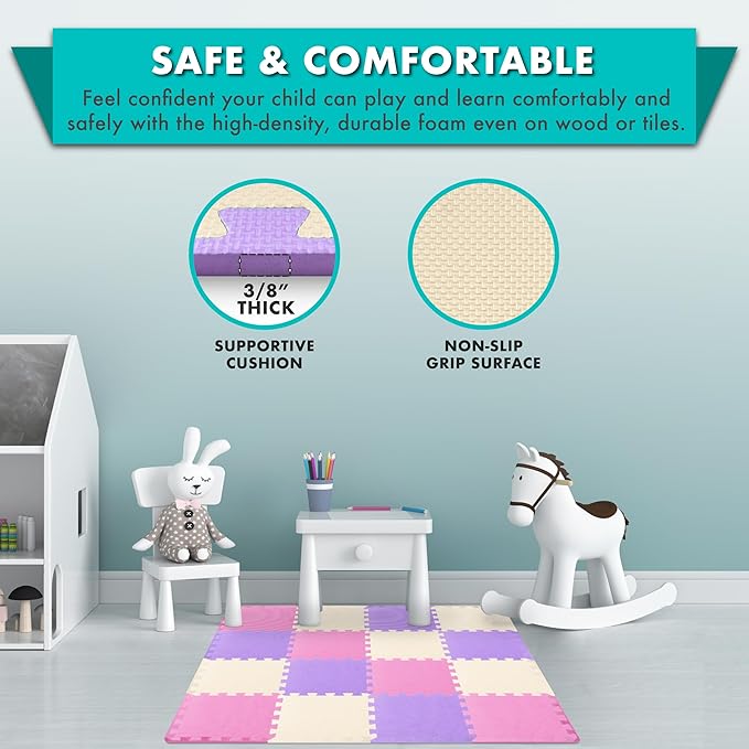 ProSource Foam Puzzle Floor Play Mat for Kids and Babies with Solid Colors, 36 or 16 Interlocking Tiles with Borders, Pink/Purple/Beige