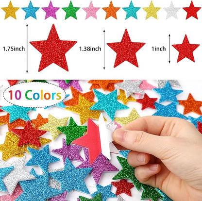 JULBEAR Colorful Glitter Star Foam Sticker, 300Pcs Stars Shapes Glitter Self Adhesive Foam Stickers for Kids Party Favors Toddler DIY Crafts Supplies Home Decorations