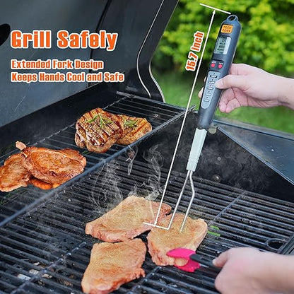 80-09 Digital Meat Instant Read Thermometer with LED Screen and Ready Alarm, Kitchen Probe with Long Fork for Grilling, Barbecue and Cookin, l, white1