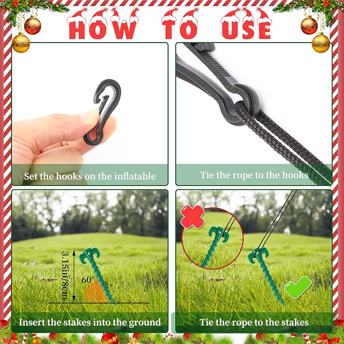 AUGSUN 27 Pieces Plastic Inflatable Stakes Set, Include Tent Stakes, Tethers Ropes and Hooks Heavy Duty Garden Yard Stakes for Christmas Outdoor Decorations (Green)