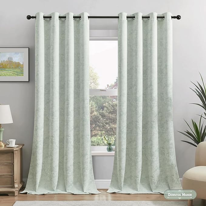 Beauoop Green Floral Jacquard Blackout Curtains 84 Inches Long 2 Panels