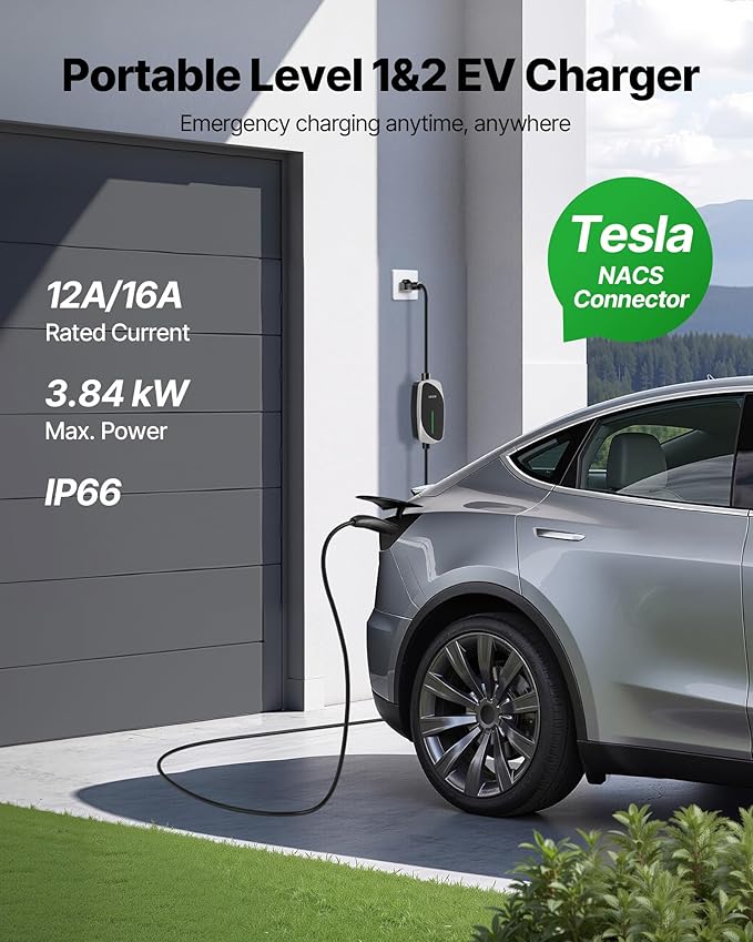 VEVOR Level 1/2 Tesla Charger, 16 Amp, Portable Electric Car EV Charger