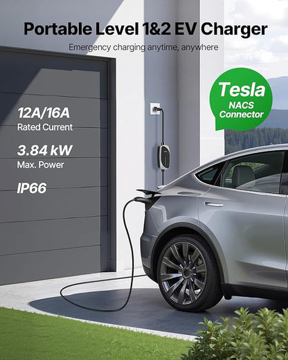 VEVOR Level 1/2 Tesla Charger, 16 Amp, Portable Electric Car EV Charger