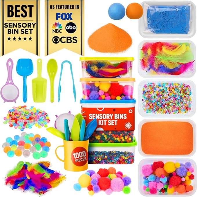 Sensory Kit for Toddlers and Kids - Includes 6 Bins with Lids, Play Tools, Sand, Feathers, Clay, Color Beads and Pom Poms Kids Box Fillers