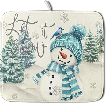 Giwawa Blue Snowman Dish Drying Mat Xmas Trees Bird Winter Snowy Scene Dish
