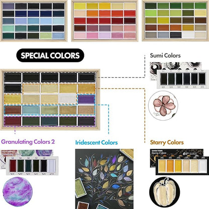 Kuretake GANSAI TAMBI Watercolor Paint Set 100 Colors with Wooden Box, Professional-quality art supplies for artists adult painting Non-Toxic, Made in Japan, MC20/100WD4