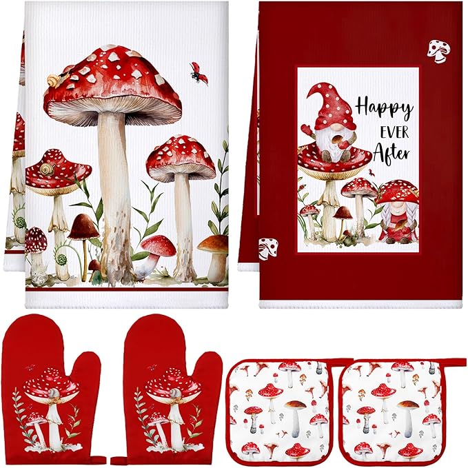 Bencailor 6 Pcs Mushroom Kitchen Towels Oven Mitts and Pot Holders Decorative