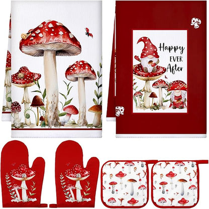 Bencailor 6 Pcs Mushroom Kitchen Towels Oven Mitts and Pot Holders Decorative