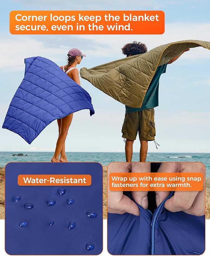 KingCamp Ultralight Camping Blanket, Packable Down Alternative Puffy Wearable Blankets Weatherproof Warm Package Quilt with Snap Buttons for Outdoor Hiking Travel Picnic Stadium (69" L x 53" W, Navy)