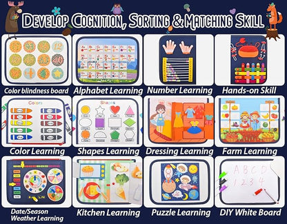 16 Pages Busy Board for Toddlers 1-3,Montessori Travel Toy for Plane/Car,Educational Sensory Toy for Toddlers 2-4,Preschool Activities Board for Developing Fine Motor Skills,Gift for Boys/Girls