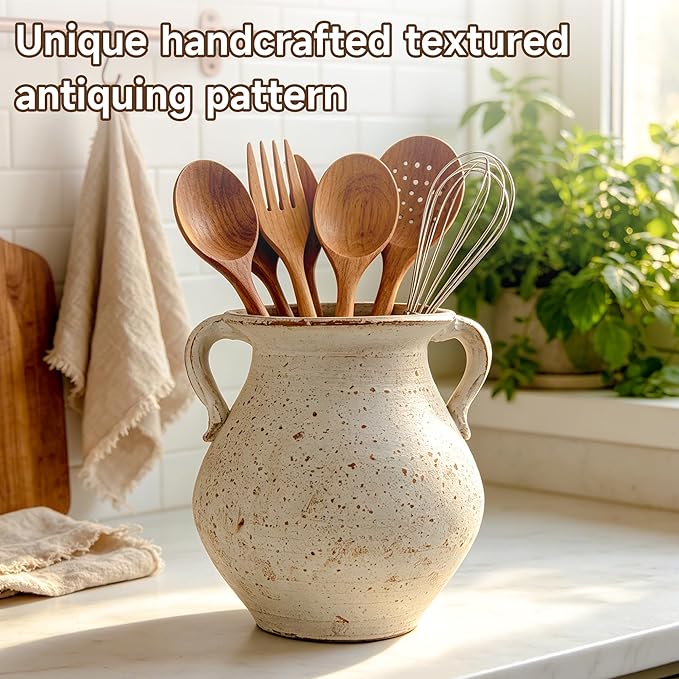 Rustic Kitchen Utensil Holder for Countertop, 7.6x4.9In Large Ceramic Cooking