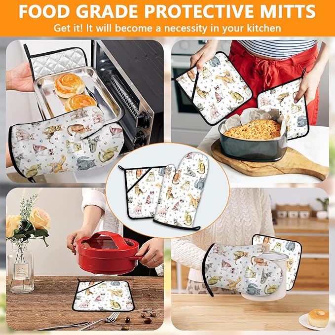 Cute Cats Oven Mitts and Pot Holders Sets 4Pcs, Extra Long Oven Gloves Potholder