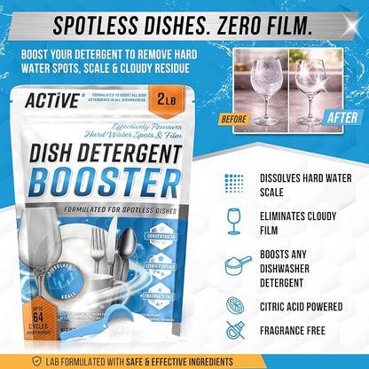 ACTIVE Dishwasher Detergent Booster and K-Cup Compatible Cleaning Pods - Includes 32oz Dish Detergent Booster and 12pk Keurig Compatible Cleaning Pods