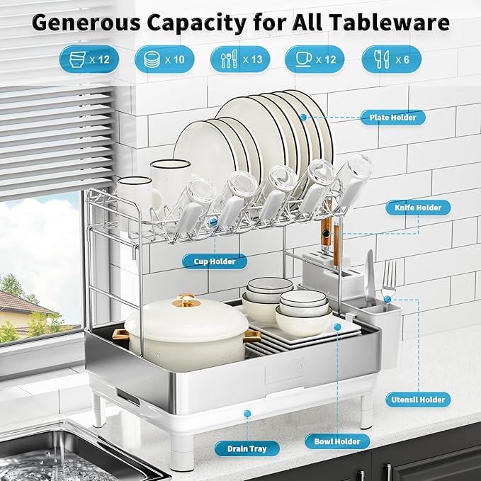 Ewaiira Dish Drying Rack, 2 Tier Large Dish Rack, Stainless Steel Dish Drainer