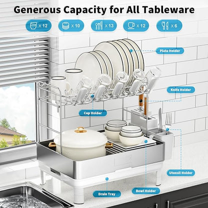 Ewaiira Dish Drying Rack, 2 Tier Large Dish Rack, Stainless Steel Dish Drainer