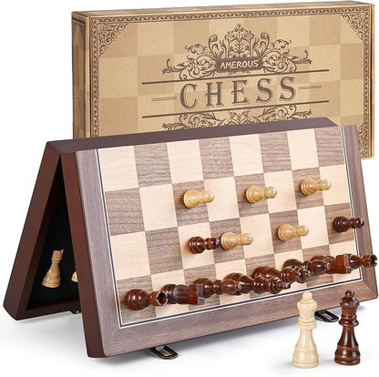 AMEROUS 15'' Magnetic Wooden Chess Set for Adults Kids - with Folding Board, Gift Package, Pieces Storage Slots, Handmade Pieces,Chess Board Game Set for Tournament Professional Beginner