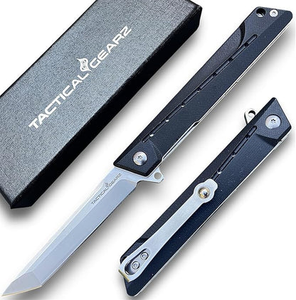 TACTICAL GEARZ Pocket Folding Knife for EDC, G10 Handle, D2 Steel Tanto Blade, Includes Sheath (Nyx)