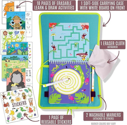 Totebook Kids Travel Educational Activity Book with Washable Markers - Car and Airplane Activities, Learning Toys for Toddlers- Search and Find, Reusable Stickers for Ages 4, 5, 6 (Jungle)