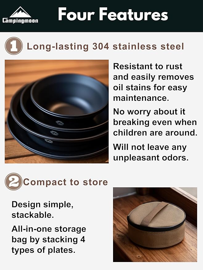 CAMPINGMOON 8pcs Camping Mess Kit Φ4.7"~Φ7" Bowls Plates Black BKS395-2S