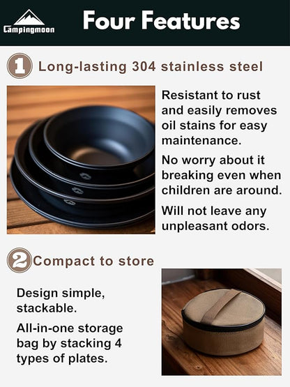 CAMPINGMOON 8pcs Camping Mess Kit Φ4.7"~Φ7" Bowls Plates Black BKS395-2S