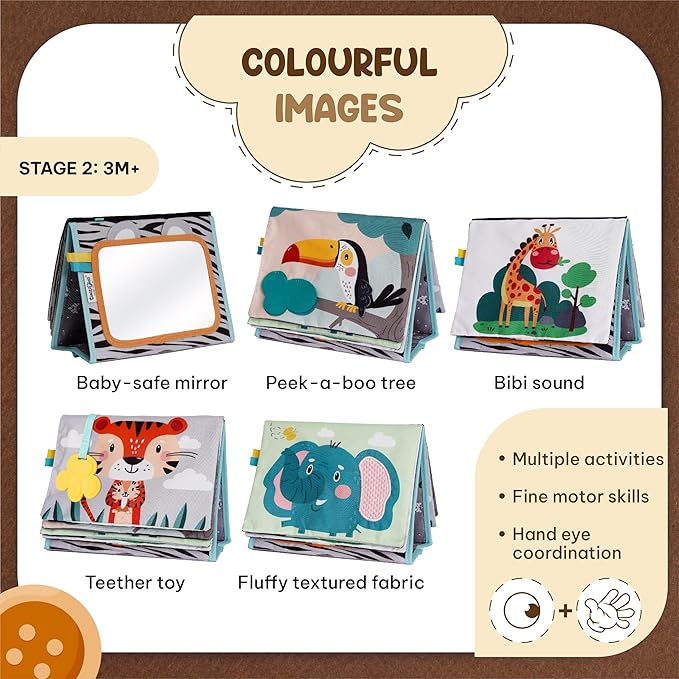 Tummy Time Mirror for Babies - High Contrast Book with Large Stimulating Baby Safe Mirror & Silicone Teether & Crinkle Pages - Perfect Tummy Time Toys for Babies 0 3 6 9 Months