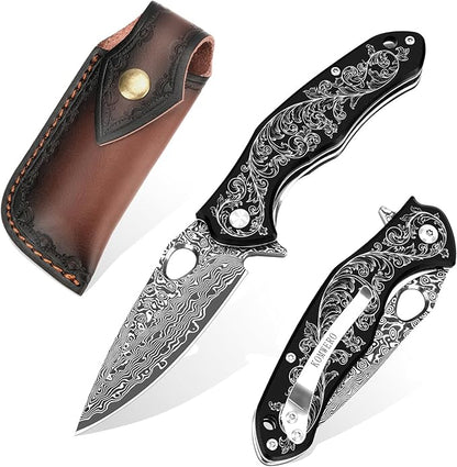 KOMWERO Damascus Pocket Knife with 2.95" VG10 Steel Blade, Folding Knife with Aluminum Alloy Non-Slip Handle, EDC Knife with Leather Sheath and Pocket Clip for Men Women Camping Survival Hiking