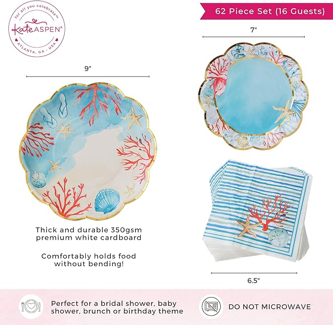 Kate Aspen Beach Party Decorations - 62 Piece Coastal Plates and Napkins Party Supplies for 16 Guests - Summer Tableware for Bridal Shower, Luau, Wedding, Pool Parties & More