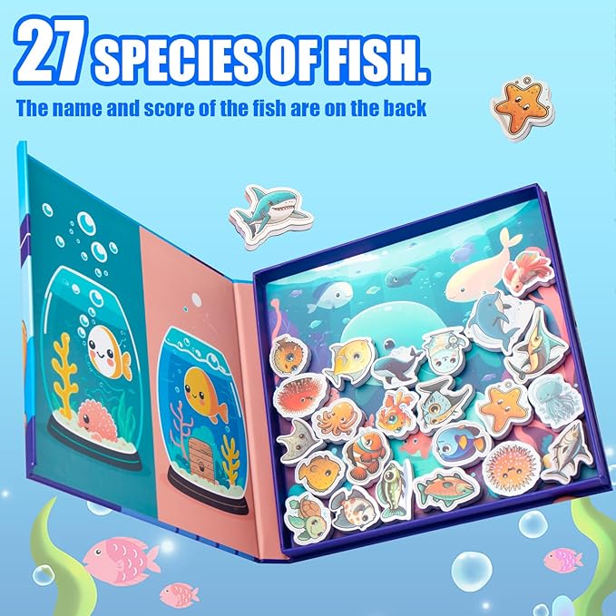 Magnetic Fishing Game for Toddlers -Travel Toys 3-5 Airplane Essentials - Mess-Free Camping & Car Trip Activity - Wooden Learning Toy with 27 Fish