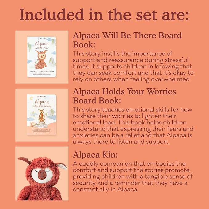 Slumberkins 14" Alpaca Kin & 2 Board Books Complete Set Bundle | Promotes Stress Relief & Coping Skills | Social Emotional Tools for Ages 0+ (Alpaca Kin Plush + 2 Board Books)