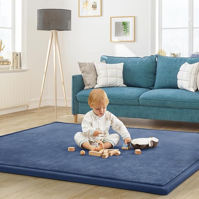 Baby Play Mat for Floor Tummy Time Nursery Muscle Mat Area Rug Playroom Rug Tatami 79"x118" Memory Foam 1.3" Thick Crawling For Babies,Toddlers, Infants, Kids,Floor(Blue)