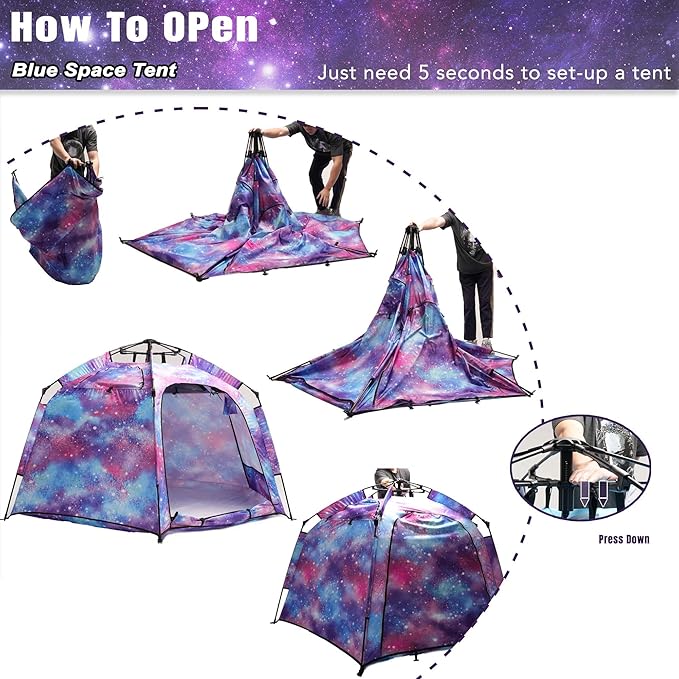Portable Hexagon Kids Play Tent with LED Strip Lights Indoor Children Play House Easy Set-up Space Large Dream Tent for Night 4-5 Person & Birthday Gifts