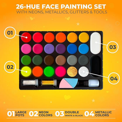 Face Painting Kit for Kids - 26 Colors Face Paint Kit, Non-Toxic and Hypoallergenic, Stencils, Book, and Professional Halloween Makeup Kit - Safe and Easy to Use Face Paint Kit for Kids