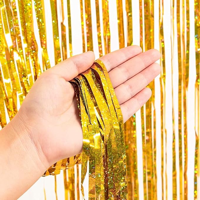 BRAVESHINE Gold Tinsel Foil Fringe Curtains - 2Pcs 3.2x8.2ft Holidays Photo Backdrop for Men 60th Birthdays/Bridal Wedding/Engagement/Anniversary/Hawaiian/Luau/Christmas/New Years Party Decorations