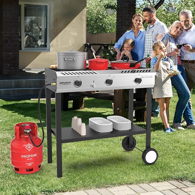 ROVSUN 3 Burner Outdoor Propane Burner with Ignition & Regulator, 225,000 BTU Powerful & Portable Gas Stove Outdoor Stand Cooker for Backyard Patio Cooking Home Camping Brewing Canning Turkey Frying