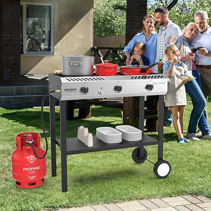 ROVSUN 3 Burner Outdoor Propane Burner with Ignition & Regulator, 225,000 BTU Powerful & Portable Gas Stove Outdoor Stand Cooker for Backyard Patio Cooking Home Camping Brewing Canning Turkey Frying