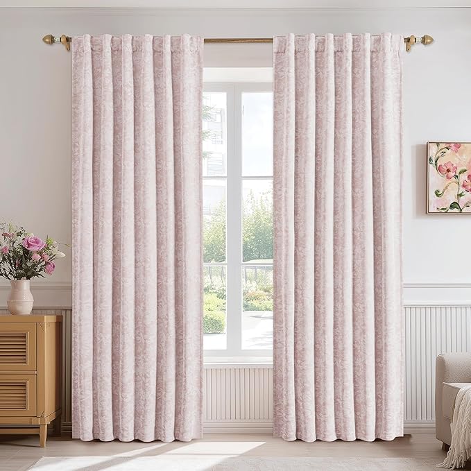 Beauoop Pink Floral Jacquard Blackout Curtains 72 Inches Long 2 Panels