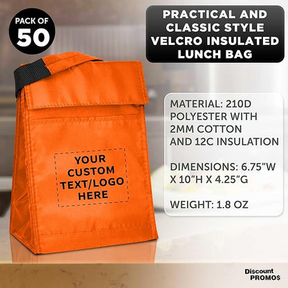 DISCOUNT PROMOS 50 Hook and Loop Insulated Lunch Bags Set - Customizable Text, Logo - Polyester, Durable, Vibrant, Reusable - Orange
