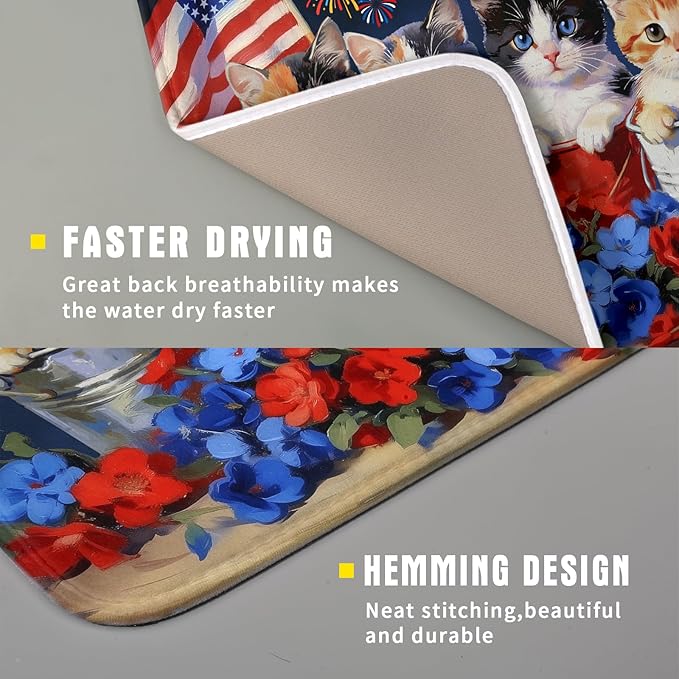 4th of July Dish Drying Mat Patriotic Cats Dish Drying Rack Mat