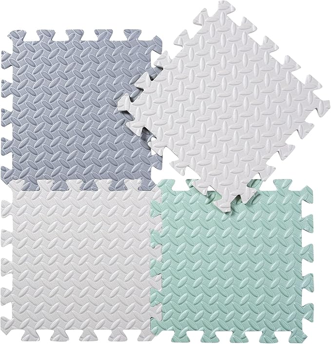 Foam Floor Mats for Kids, 12 x 12 Inch 16 Tiles 0.4" Thickness Foam Play Mat, Non-Toxic Square Interlocking Floor Mats Rubber Baby Play Mat for Toddlers(White/Gray/Bean Green)