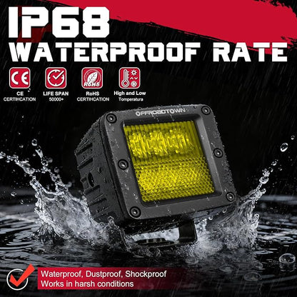 Amber LED Cubes, OFFROADTOWN 3inch 120W CREE LED Pods Yellow Fog Chase Lights Waterproof Off Road Light Cubes Backup Reverse Lights for Truck Pickup Motorcycle UTV ATV SUV Boat 4x4 Car - Driving Combo