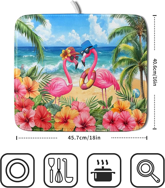 Summer Flamingos Dish Drying Mat 16x18 inch Tropical Beach Microfiber Washable