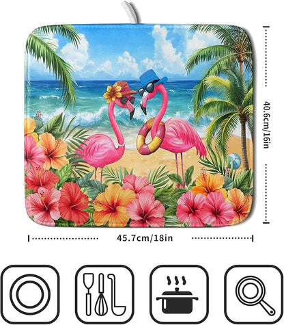 Summer Flamingos Dish Drying Mat 16x18 inch Tropical Beach Microfiber Washable