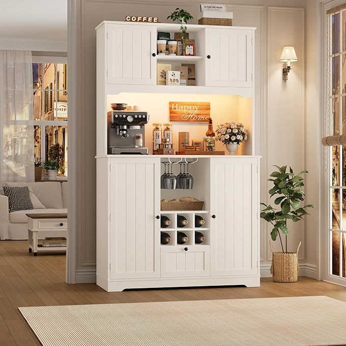FINETONES 71" Pantry Cabinet with 7-Color LED Light and Charging Station, Kitchen Pantry Cabinet with Microwave Stand, Kitchen Hutch Food Storage Cabinet with Outlet and Wine Racks, White