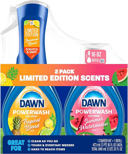 Dawn Dish Soap Spray Kitchen Household Essentials 1 Tropical Blend Starter Kit and Watermelon Refill Combo Pack, 16 oz (each)