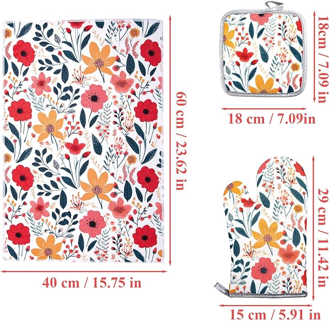 3 Pcs Kitchen Stuff, Wild Floral Kitchen Oven Mitts and Pot Holders Sets