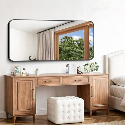 Black Bathroom Mirror, 66x30 inch Aluminum Metal Frame Rectangular Vanity Mirror