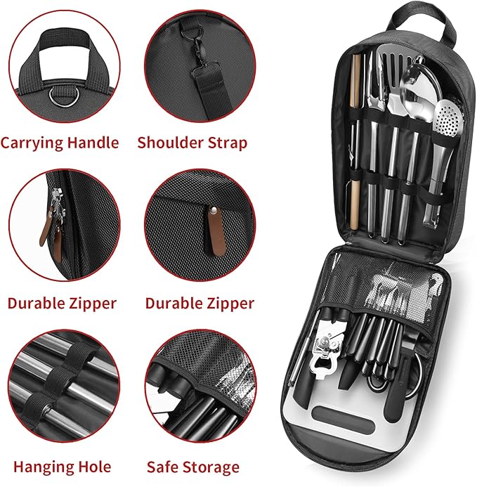 Portable Camping Kitchen Utensil Set-27 Piece Cookware Kit, Stainless Steel Outdoor Cooking and Grilling Utensil Organizer Travel Set Perfect for Travel, Picnics, RVs, Camping, BBQs, Parties and More