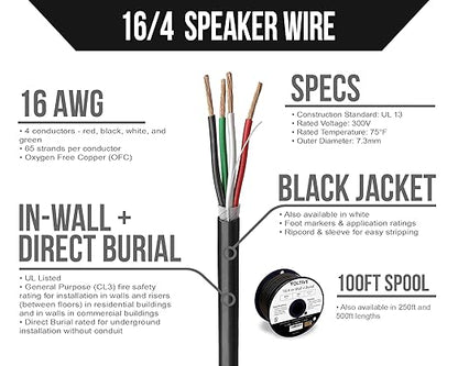 Voltive 16/4 Speaker Wire, in-Wall CL3 & Direct Burial, 100ft